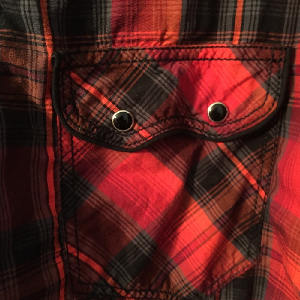 Red, orange and black snap front western shirt. - Picture 3 of 5